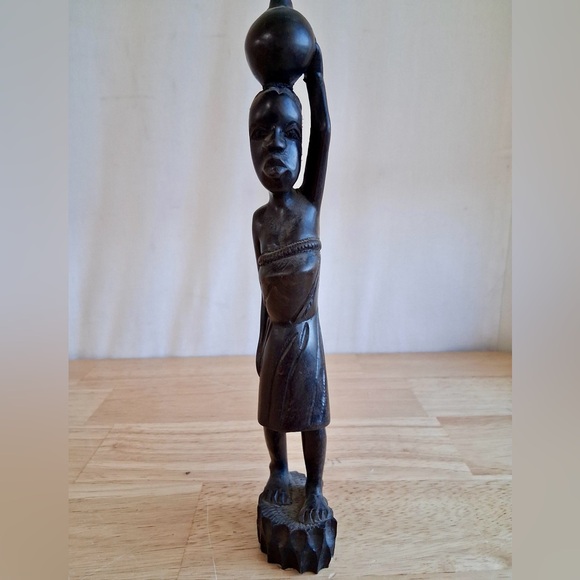 Hand Carved Angola Wood Sculpture Woman Carrying Water Jar African Folk Art 10”